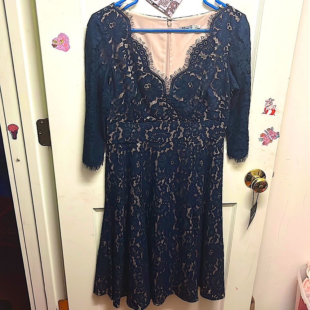 Navy blue lace mid sleeve v neck lace dress